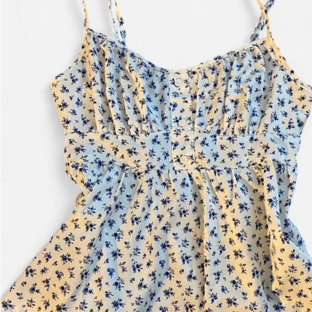 Floral blue and white womens babydoll top